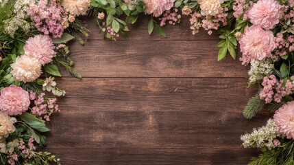 Pink flowers frame on dark wood