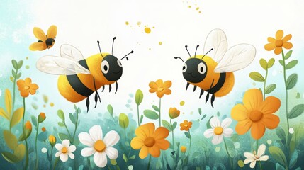 Bee and flowers in Spring.