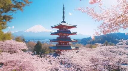 Fototapeta premium Pink cherry blossoms and Japanese style pagoda