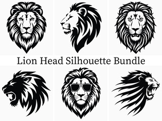 Fototapeta premium Black and white lion head silhouette clipart bundle design. Lion head logo set. Vector illustration.
