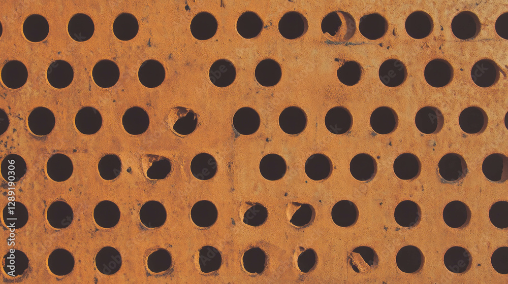 Poster Industrial metal surface with orange rust and circular perforated pattern