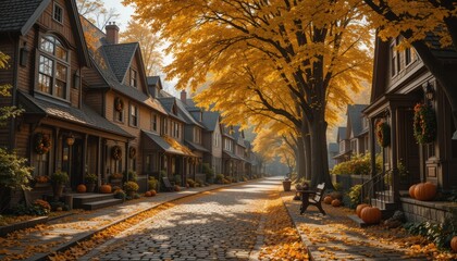 Fototapeta premium The Breathtaking Nature of Autumn Background with Stunning Trees in Vibrant Fall Colors Leaves Falling from the Branches Covering the Pathway and a Warm Sunlit Glow Creating a Cozy and Peaceful Outdoo