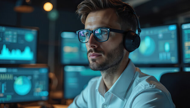 Technical support agent with headset assisting client. Man wearing glasses in modern office environment with multiple monitors. Software, data processing, network inspecting. support specialist at