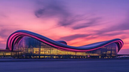 Obraz premium Modern Architectural Wonders at Sunset Over Vibrant Sky