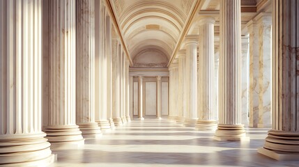 Obraz premium Classical architecture luxurious marble hallway pillared sunlit arches high resolution picture