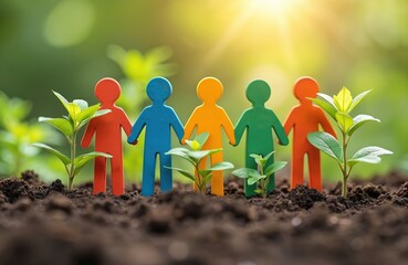 Colorful team of volunteers holding hands protects green plants sprouting from soil. Wooden figures symbolize unity, growth, and care for environment, promoting sustainability and responsible future.