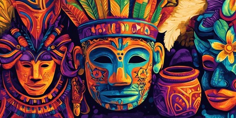 A vibrant pop art illustration featuring colorful tribal masks, ornate pottery, and intricate cultural patterns, celebrating heritage, tradition, and artistic expression