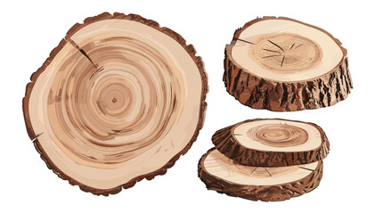 Cross section of tree trunk vector, flying wood slices, isolated on white background, nature pattern, wood grain, timber texture, growth rings, forestry, rustic decor