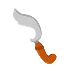 An illustration of a traditional machete with a curved sharp blade and an orange handle, commonly used in daily life.