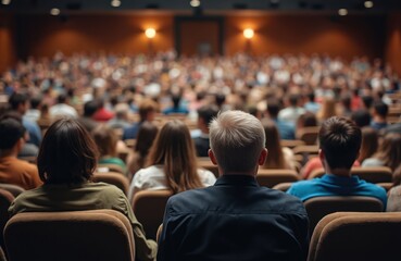 Full lecture hall with people sitting. Students attending seminar, business training, conference. Large indoor meeting, educational event. Audience listening to speaker presentation. Knowledge