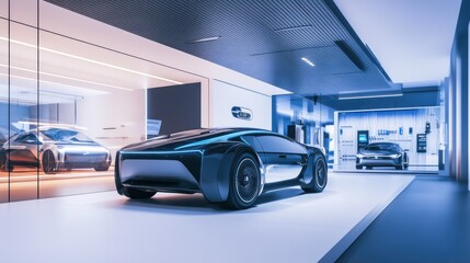 Obraz premium A car showroom showcasing an advanced autonomous vehicle. Featuring innovation and safety