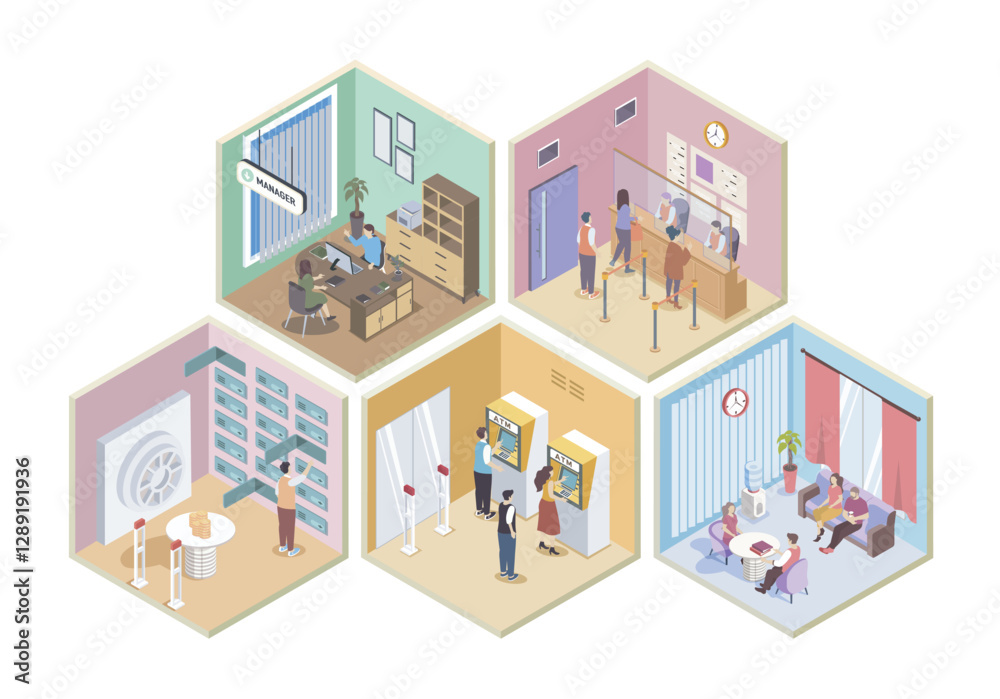Aufkleber bank 3d isometric rooms concept in isometry graphic design for web. people waiting in line to cash r