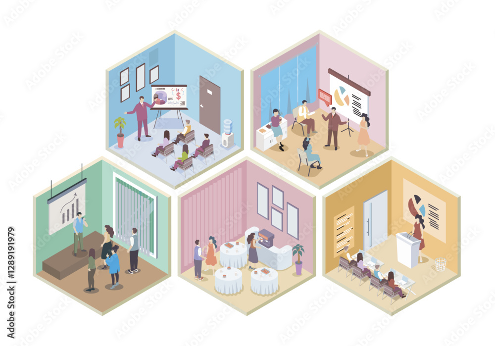 Poster business training 3d isometric rooms concept in isometry graphic design for web. people learning at 