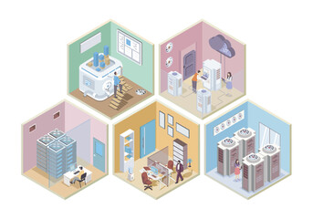 Data center 3d isometric rooms concept in isometry graphic design for web. People working with database system, making technical support and server maintenance, cloud processing. Vector illustration.
