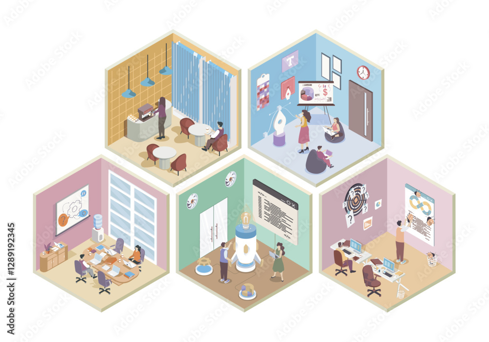 Aufkleber Development company 3d isometric rooms concept in isometry graphic design for web. People working in offices, programming and developing startup, brainstorming at conference hall. Vector illustration.