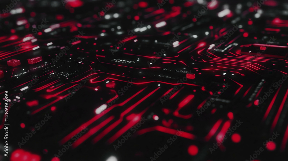 Poster Futuristic macro texture of circuit board with red led lights