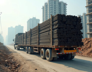 Industrial wallpaper featuring transport truck loaded with steel rebars against construction background. Cargo delivery truck transports material building heavy infrastructure urban development city