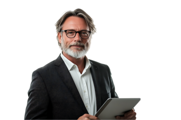 Confident mature man in suit holding tablet.