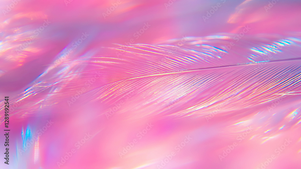 Poster Macro shot of delicate feather texture with barbs in soft pink and iridescent hues for design and art projects