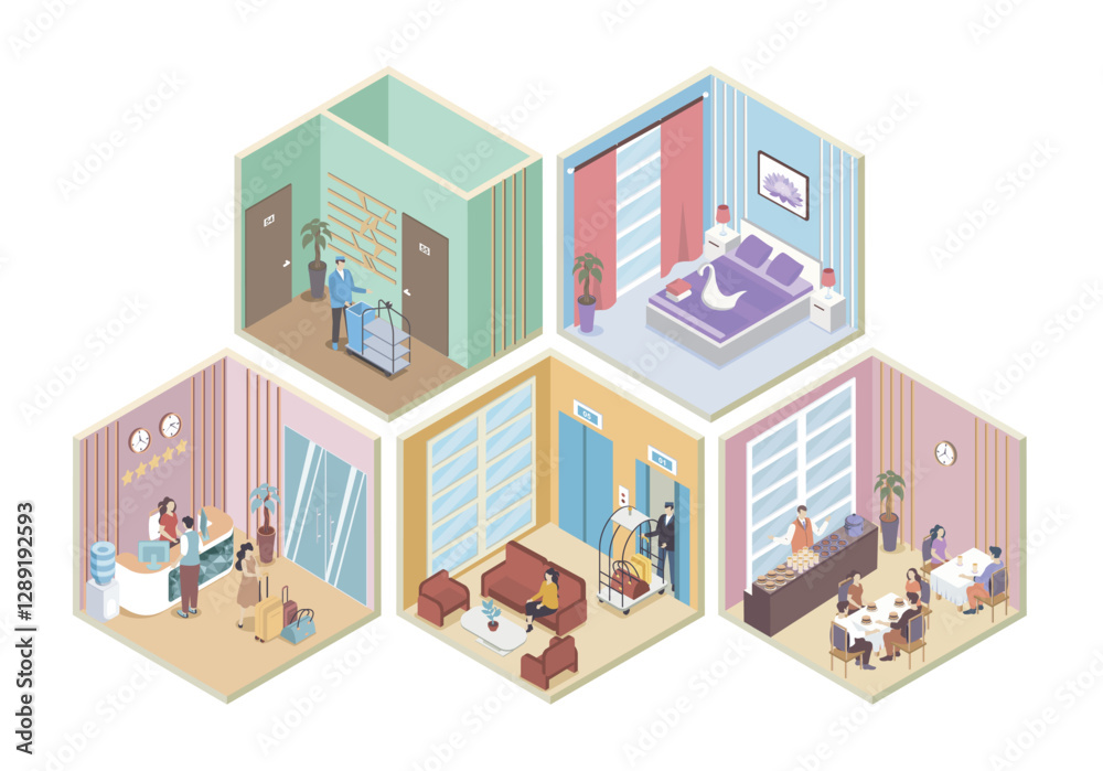 Poster hotel 3d isometric rooms concept in isometry graphic design for web. people in registerating at rece