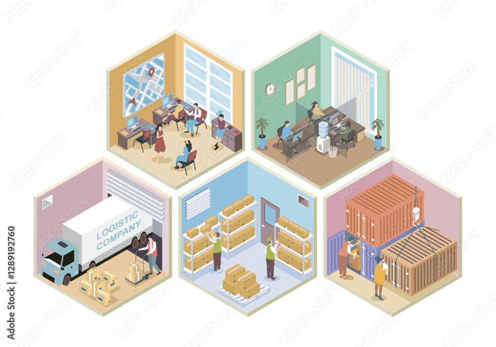 Aufkleber logistic company 3d isometric rooms concept in isometry graphic design for web. people working in de