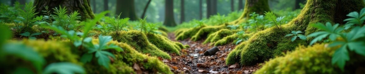 Forest floor with ferns and moss growing through snowmelt, coniferous forest, forest regeneration, forest ecosystem