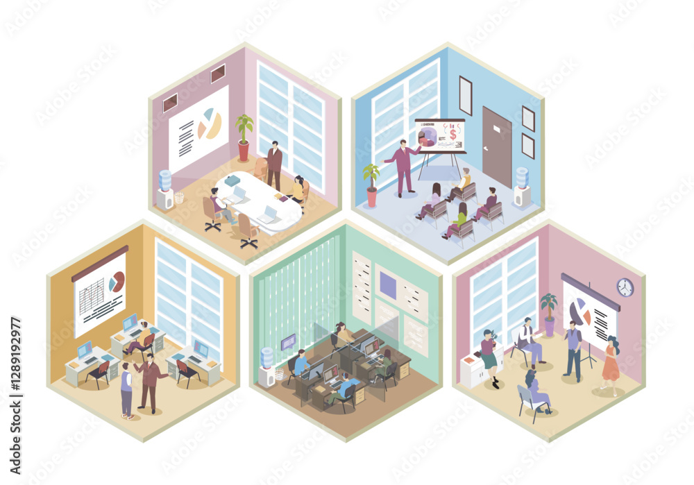 Poster outsourcing company 3d isometric rooms concept in isometry graphic design for web. people working in