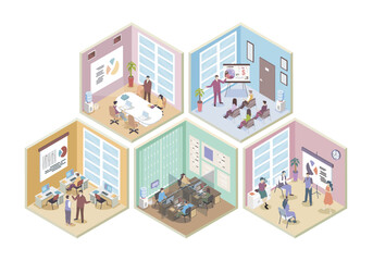Outsourcing company 3d isometric rooms concept in isometry graphic design for web. People working in office, brainstorming at conference meeting, making presentation at workplace. Vector illustration.