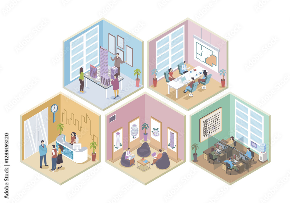 Poster real estate 3d isometric rooms concept in isometry graphic design for web. people working at office 