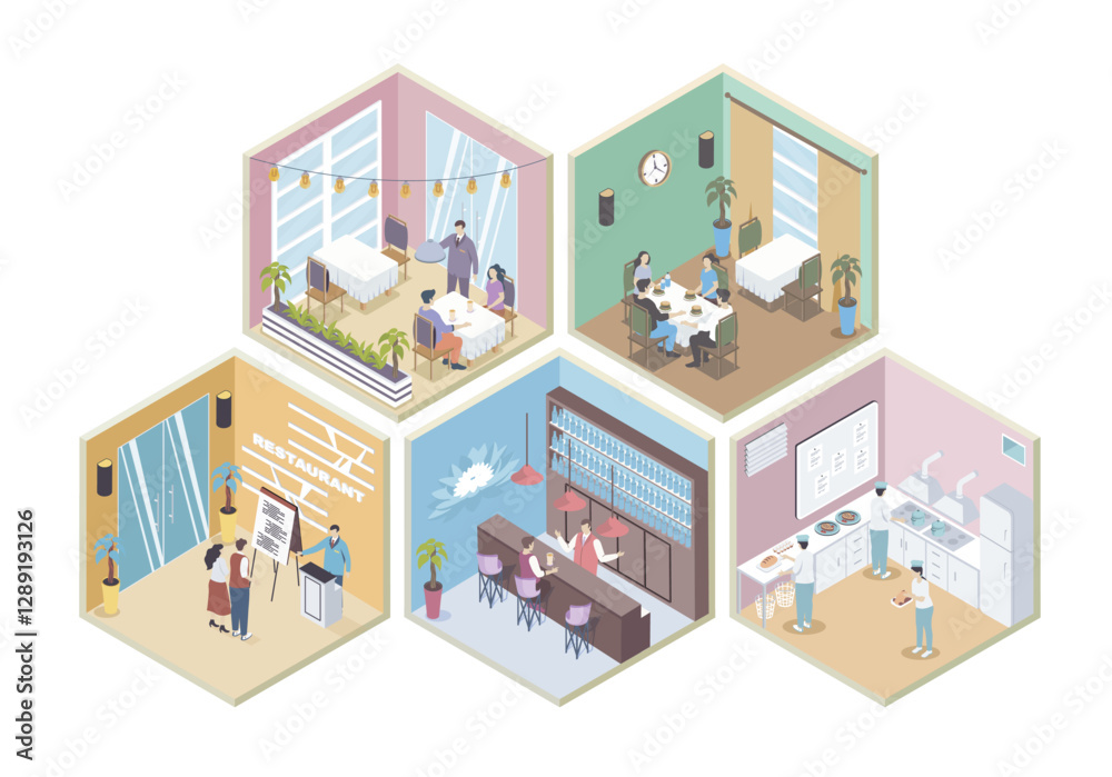 Aufkleber restaurant 3d isometric rooms concept in isometry graphic design for web. people wait at reception, 