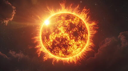 Obraz premium A hyperrealistic image of the sun with enormous plumes of fire and plasma erupting from its core