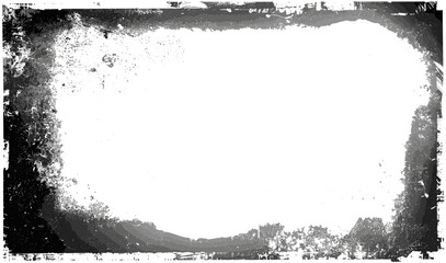 Grunge vignette edge overlay with old photograph texture effect on transparent background, vintage frame border, distressed retro photo effect, aged paper look,