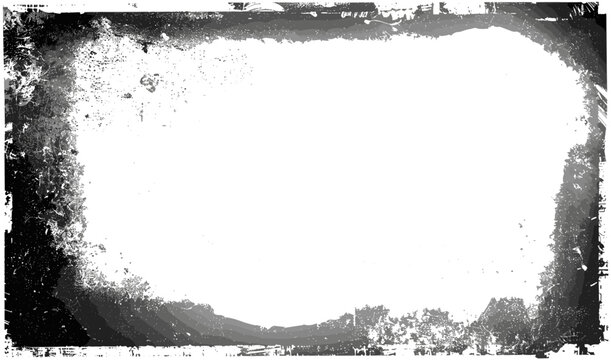 Grunge vignette edge overlay with old photograph texture effect on transparent background, vintage frame border, distressed retro photo effect, aged paper look,
