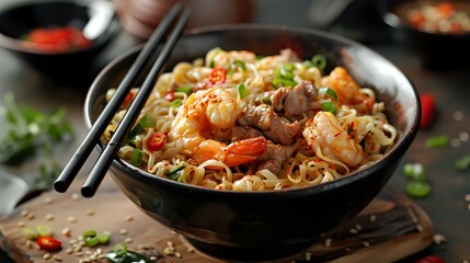 Spicy Asian noodles with shrimp and pork in black bowl, garnished with chili and green onions, served with chopsticks on rustic wooden background.