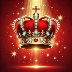 Vibrant red background with a single golden crown hovering in the center, adorned with sparkling jewels 2