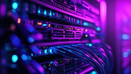 Naklejka premium Cyberpunk Server Room: Neon Lights Illuminate Data Center