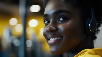 Young African American woman wearing headphones smiling with natural curly hair, yellow jacket, and blurred bokeh background. For lifestyle, tech, and happiness concepts.