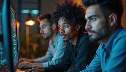 Fototapeta premium Focused software developers coding together at night in tech startup. Diverse team collaborates late to meet deadlines. Coding, design, problem solving, agile development, teamwork, expertise.