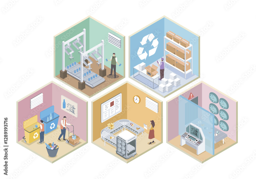 Aufkleber waste management 3d isometric rooms concept in isometry graphic design for web. people working in re