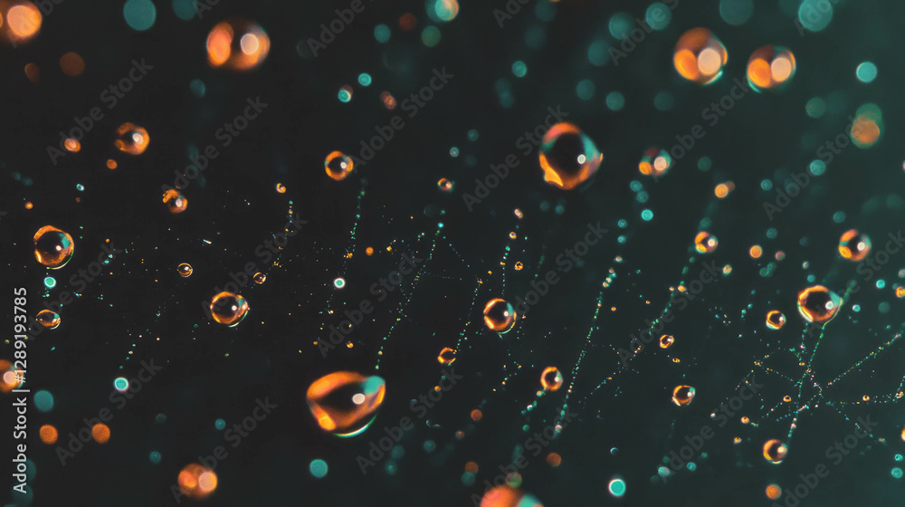 Poster Macro view of dew drops on intricate spider web with stunning light reflections