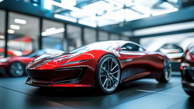 A car showroom showcasing an electric performance coupe. Featuring efficiency and power