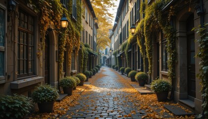 Fototapeta premium The Golden Nature of Autumn Background with Trees Covered in Bright Red Yellow and Orange Leaves A Tranquil Pathway and Warm Sunlight Streaming Through the Branches Making a Perfect Fall Scene Full of