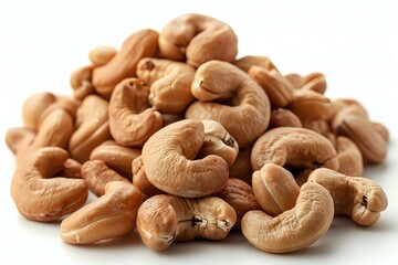 Raw cashew nuts scattered on white surface, macro food photography showing detailed texture and natural brown color of fresh whole nuts.