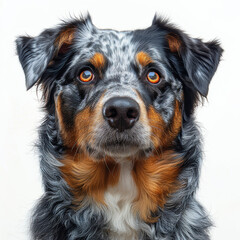 Close-up image of a dog with a blue, gray, and brown patterned coat, typical of Australian Shepherd or mixed breed Attentive and curious expression Focused on something out of frame - AI-Generated