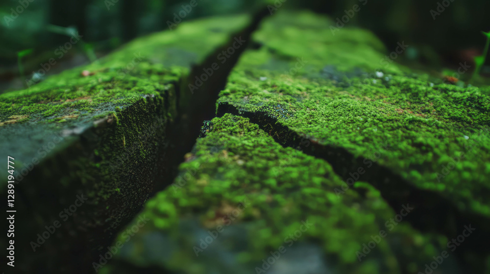 Poster close-up of moss-covered tree bark with deep crevice in forest setting for nature background