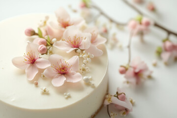 Delicious white cake decorated with pink flowers for spring celebration