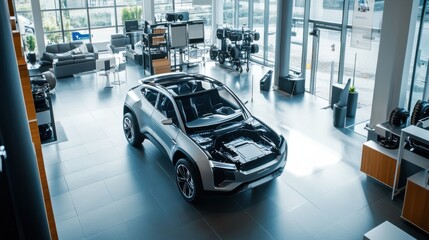 Obraz premium A car showroom showcasing an electric sports SUV. Featuring speed and sustainability