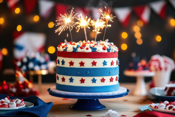 Delicious american flag birthday cake with sparklers celebrating independence day