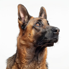 Close-up image of an attentive German Shepherd with focused expression, perked ears, dense fur, double coat texture, and good health Background is plain white - AI-Generated