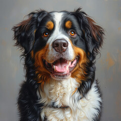 Close-up portrait of a Bernese Mountain Dog, known for its distinctive coat Relaxed expression, open mouth, warm, affectionate eyes inviting connection Fur mix of black, white, and ru - AI-Generated